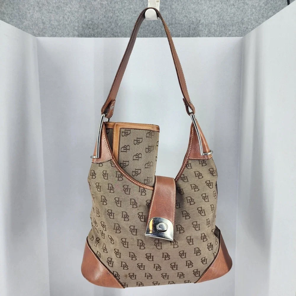 Dooney & Bourke Brown Monogram Hobo with Tan Leather Trim